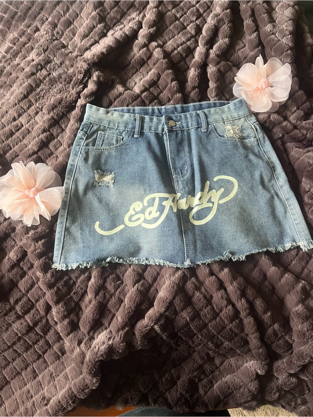 Ed Hardy Light Blue Denim Mini Skirt with Script Logo. Look at measurements.